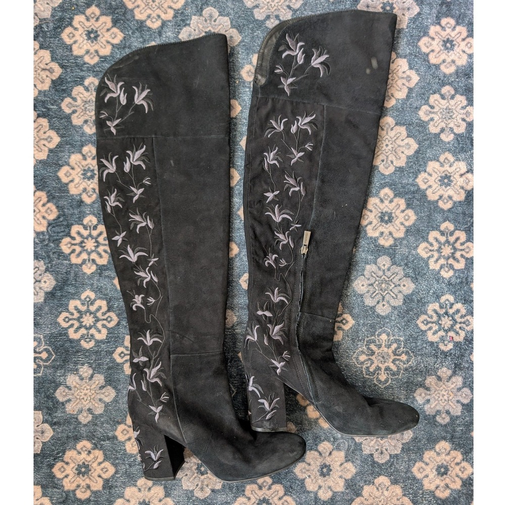 Kenneth Cole Claire Black Embroidered Over The Knee Boots Floral Suede Womens 9M